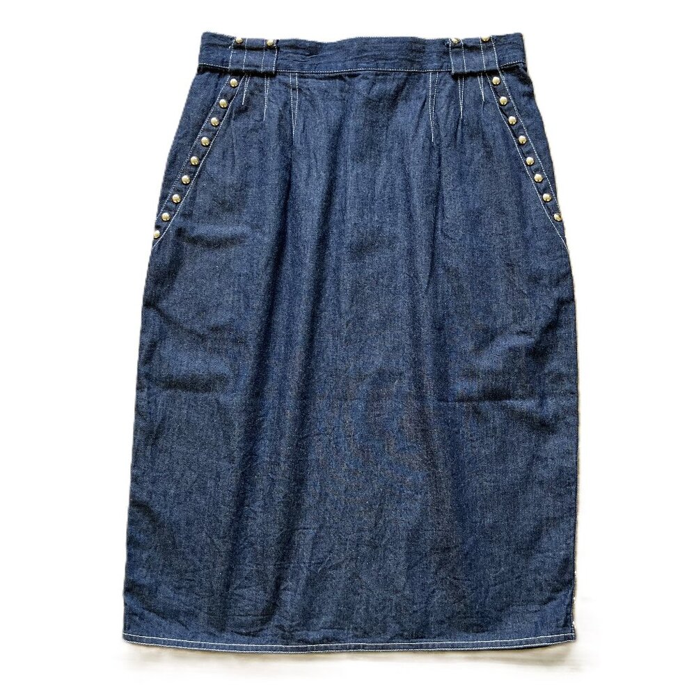 Simon Chang Chambray Denim Skirt Stud Embellishment Vintage 90s Waist 28"